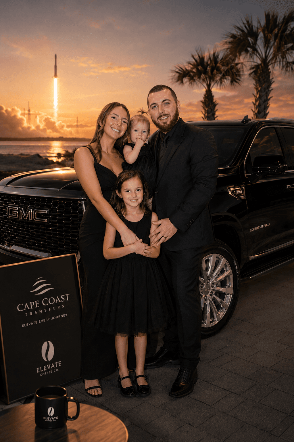 Cameron Morgan, owner of Cape Coast Transfers, with the black GMC Yukon Denali XL and Cape Coast Transfers branded sign, Kennedy Space Center rocket launch in background