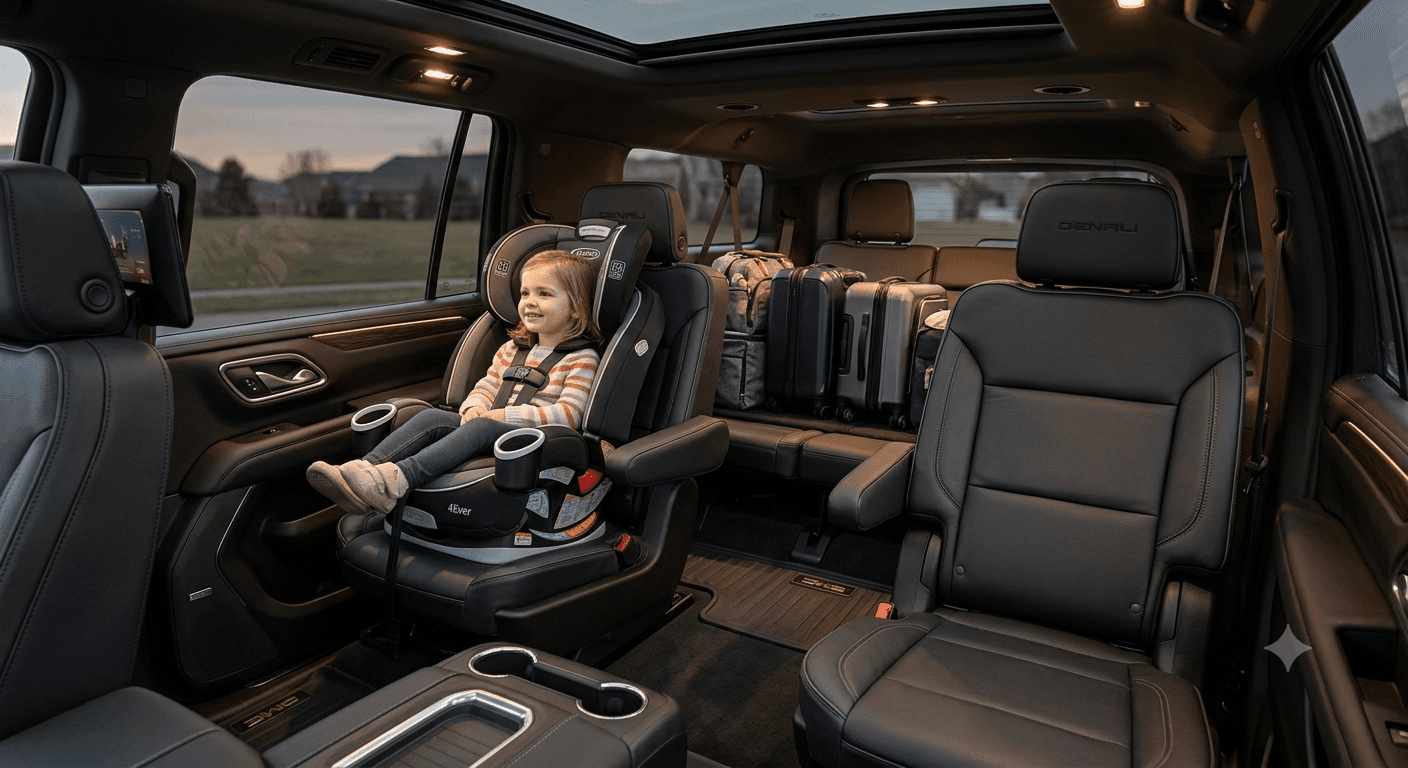 Child in car seat inside GMC Yukon Denali XL captain chair cabin