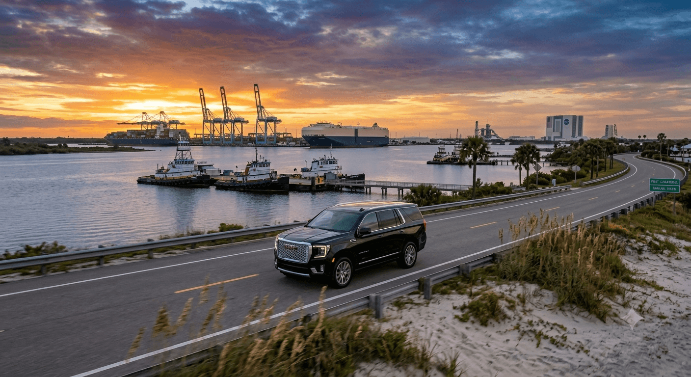 Black GMC Yukon Denali XL private car service driving along Florida's Space Coast near Port Canaveral
