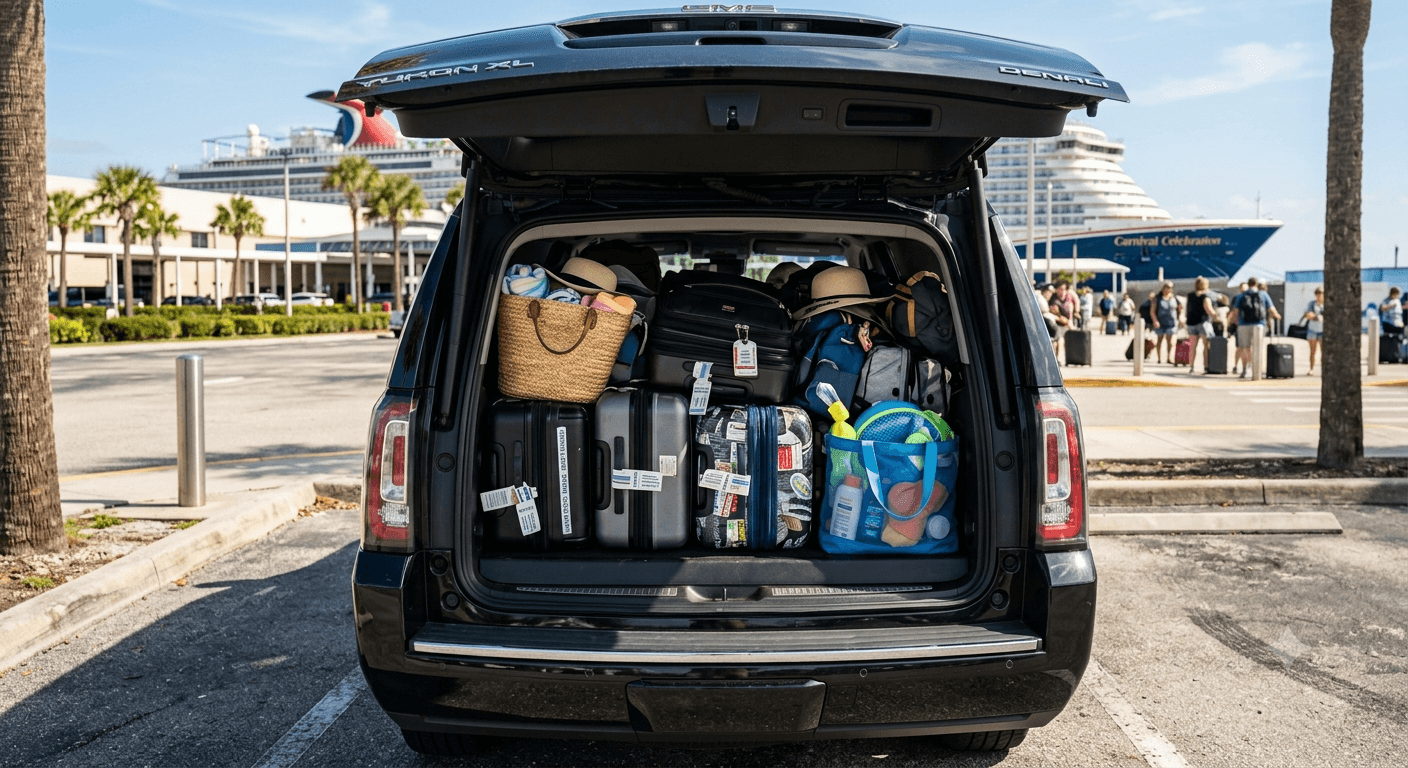 SUV trunk packed with cruise luggage